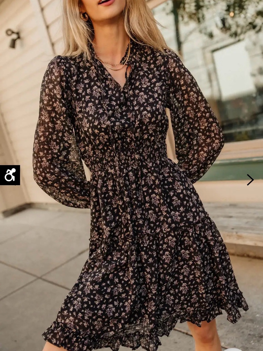 Bohme Layne ruffled floral dress Long-Sleeve Black Smocked Waist Dress